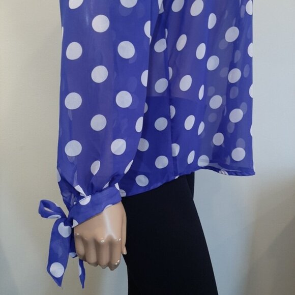 George Polka Dot Blouse Sheer Buttoned Long Sleeve Tie Cuff Flowy Top - Picture 12 of 15